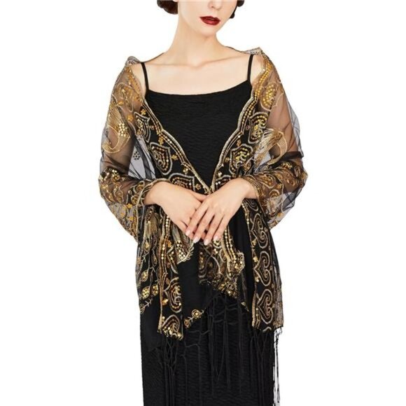 Black & Gold 1920s‎ Fringe Lace Sequin Shawl Wrap Long Evening Party Shawl Shrug - Picture 1 of 7